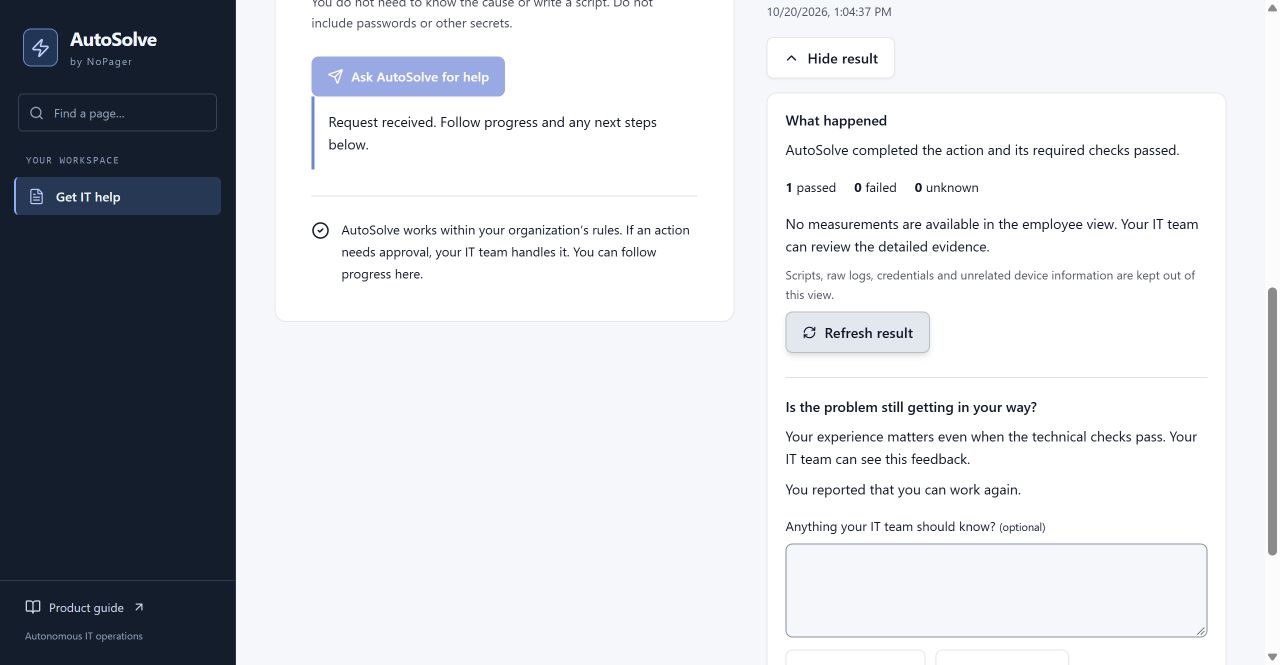 Actual AutoSolve employee result showing one passed check and saved resolved feedback